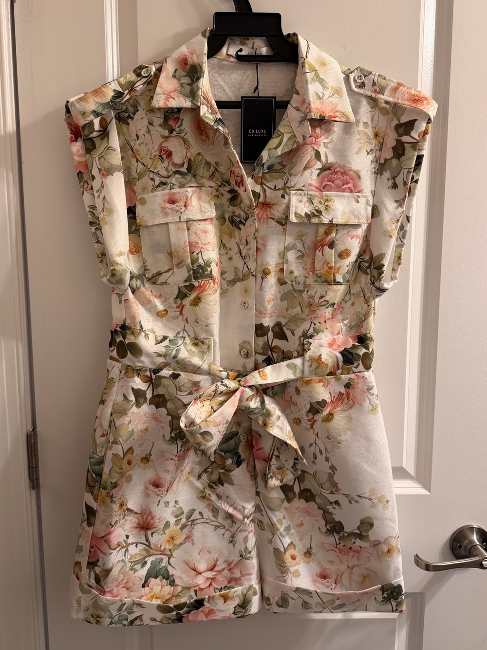 NWT Floral Tie-Waist Sleeveless romper - Pink & Green on White